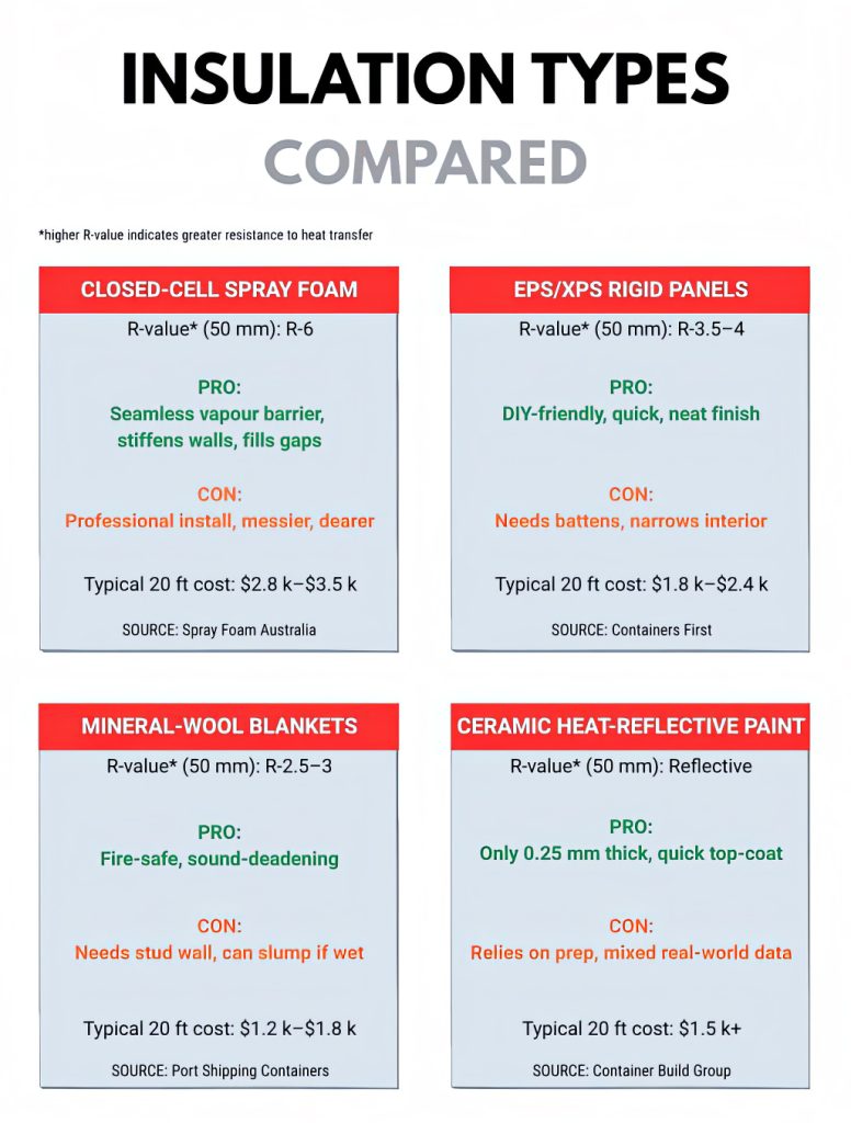 Infographic showing a comparison of 4 options used when insulating shipping containers in Australia